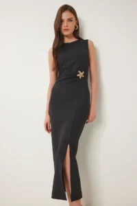 Happiness İstanbul Women Black Gold with buckle Midi Sandy Dress - Image 2