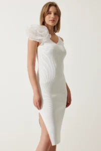 Happiness İstanbul Women's White Floral Strap Saran Ribbed Knitted Dress