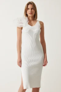 Happiness İstanbul Women's White Floral Strap Saran Ribbed Knitted Dress - Image 2