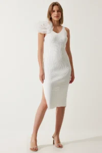 Happiness İstanbul Women's White Floral Strap Saran Ribbed Knitted Dress - Image 3