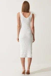 Happiness İstanbul Women's White Floral Strap Saran Ribbed Knitted Dress - Image 5