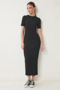 Happiness İstanbul Women's Black Belted Corduroy Summer Knitwear Dress