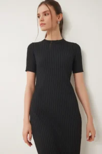 Happiness İstanbul Women's Black Belted Corduroy Summer Knitwear Dress - Image 2