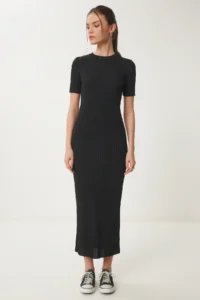 Happiness İstanbul Women's Black Belted Corduroy Summer Knitwear Dress - Image 4