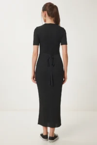 Happiness İstanbul Women's Black Belted Corduroy Summer Knitwear Dress - Image 6