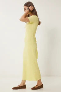Happiness İstanbul Women's Yellow Belted Corduroy Summer Knitwear Dress