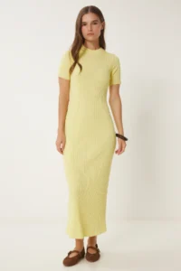 Happiness İstanbul Women's Yellow Belted Corduroy Summer Knitwear Dress - Image 2