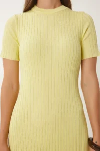Happiness İstanbul Women's Yellow Belted Corduroy Summer Knitwear Dress - Image 3