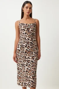 Happiness İstanbul Women's Black Beige Leopard Patterned Strappy Midi Dress