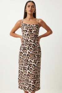 Happiness İstanbul Women's Black Beige Leopard Patterned Strappy Midi Dress - Image 2