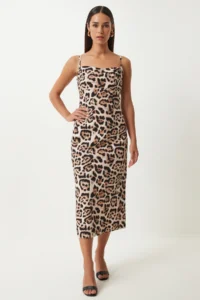 Happiness İstanbul Women's Black Beige Leopard Patterned Strappy Midi Dress - Image 3