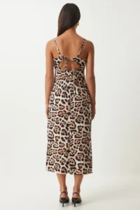 Happiness İstanbul Women's Black Beige Leopard Patterned Strappy Midi Dress - Image 5