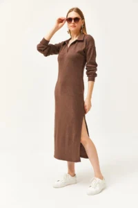 Olalook Women's Bitter Brown Polo Neck Slit and Raised Midi Dress - Image 2