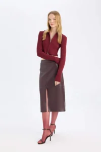 DeFacto High Waist Combed Cotton Lined Slit Midi Faux Leather Claret Red Pencil Skirt - Image 6