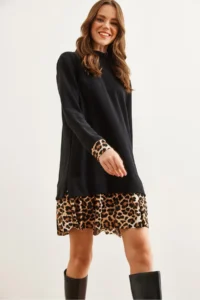 Olalook Women's Black Leopard Garnished Thessaloniki Dress - Image 5