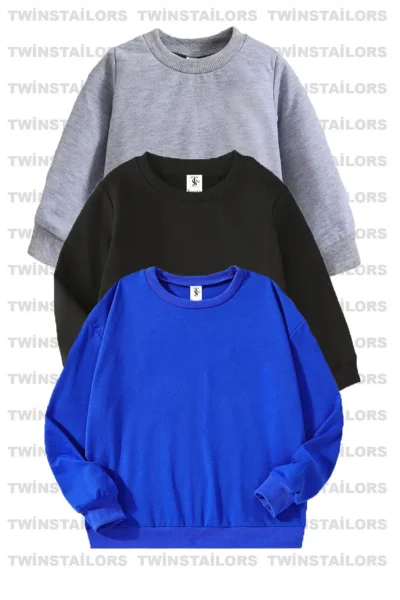 twins tailors Unprinted Fleece Inside 3 Pack Unisex Gray-Blue-Black Crew Neck Children's School Sweatshirt