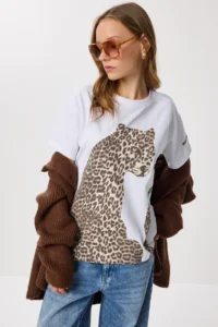 Lovelyİstanbul Leopard Printed Cotton Knitting T-shirt  White