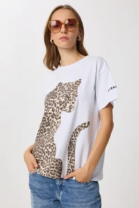 Lovelyİstanbul Leopard Printed Cotton Knitting T-shirt  White - Image 4