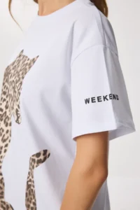 Lovelyİstanbul Leopard Printed Cotton Knitting T-shirt  White - Image 5