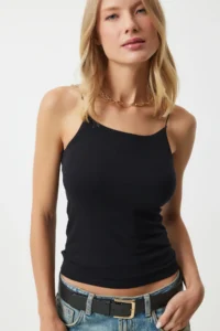 Happiness İstanbul Women Black White Yarn Sleeveless 2 Sets Knitting Blouse - Image 3