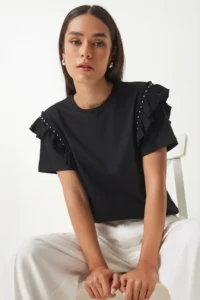 Lovelyİstanbul with flywheel Bead Detailed Knitting T-shirt  Black