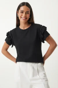Lovelyİstanbul with flywheel Bead Detailed Knitting T-shirt  Black - Image 2