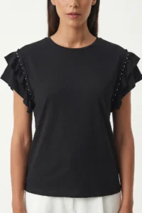 Lovelyİstanbul with flywheel Bead Detailed Knitting T-shirt  Black - Image 3