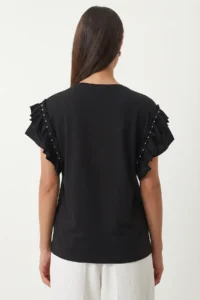 Lovelyİstanbul with flywheel Bead Detailed Knitting T-shirt  Black - Image 5