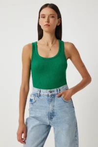 Lovelyİstanbul Ribbed Thick Sleeveless Knitting Tank Top Green - Image 3