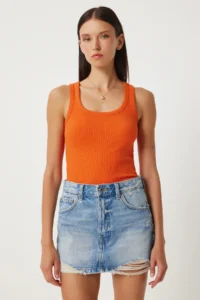 Lovelyİstanbul Ribbed Thick Sleeveless Knitting Tank Top ORANJ - Image 3