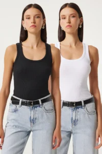 Lovelyİstanbul 2-Piece Ribbed Thick Strap Knitted Undershirt BLACK WHITE