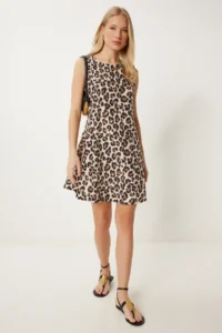 Happiness İstanbul Women's Black Beige Patterned Mini Summer Woven Dress