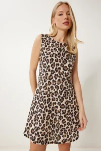 Happiness İstanbul Women's Black Beige Patterned Mini Summer Woven Dress - Image 2