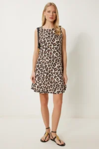 Happiness İstanbul Women's Black Beige Patterned Mini Summer Woven Dress - Image 3