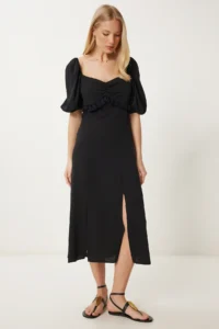 Happiness İstanbul Women Black Tasseled Crinkle Knitting Dress