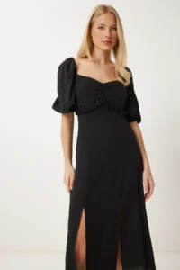 Happiness İstanbul Women Black Tasseled Crinkle Knitting Dress - Image 2