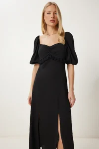 Happiness İstanbul Women Black Tasseled Crinkle Knitting Dress - Image 3