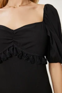 Happiness İstanbul Women Black Tasseled Crinkle Knitting Dress - Image 6