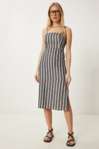 Happiness İstanbul Women's Anthracite Bone Strap Striped Summer Dress