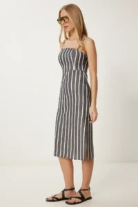 Happiness İstanbul Women's Anthracite Bone Strap Striped Summer Dress - Image 2