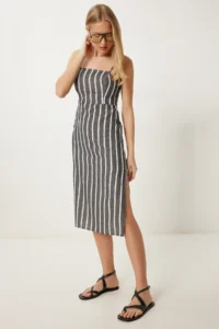 Happiness İstanbul Women's Anthracite Bone Strap Striped Summer Dress - Image 3