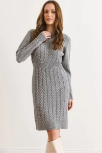 Olalook Women's Gray Banded Waist Slit Hair Knitted Mini Dress