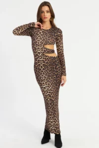 Cool & Sexy Women's Camel-Black Low-cut Leopard Maxi New Year Dress - Image 4