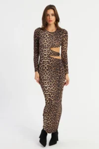 Cool & Sexy Women's Camel-Black Low-cut Leopard Maxi New Year Dress - Image 5