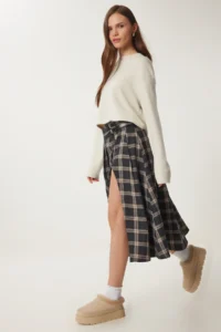 Lovelyİstanbul Belted Checkered Flared Woven Skirt  MINK - Image 2