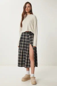 Lovelyİstanbul Belted Checkered Flared Woven Skirt  MINK - Image 3