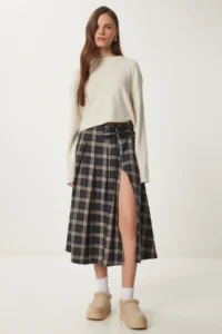 Lovelyİstanbul Belted Checkered Flared Woven Skirt  MINK - Image 4