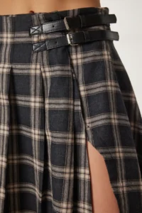 Lovelyİstanbul Belted Checkered Flared Woven Skirt  MINK - Image 5