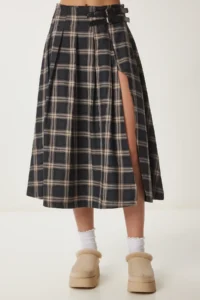 Lovelyİstanbul Belted Checkered Flared Woven Skirt  MINK - Image 6