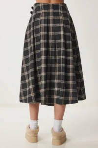 Lovelyİstanbul Belted Checkered Flared Woven Skirt  MINK - Image 7